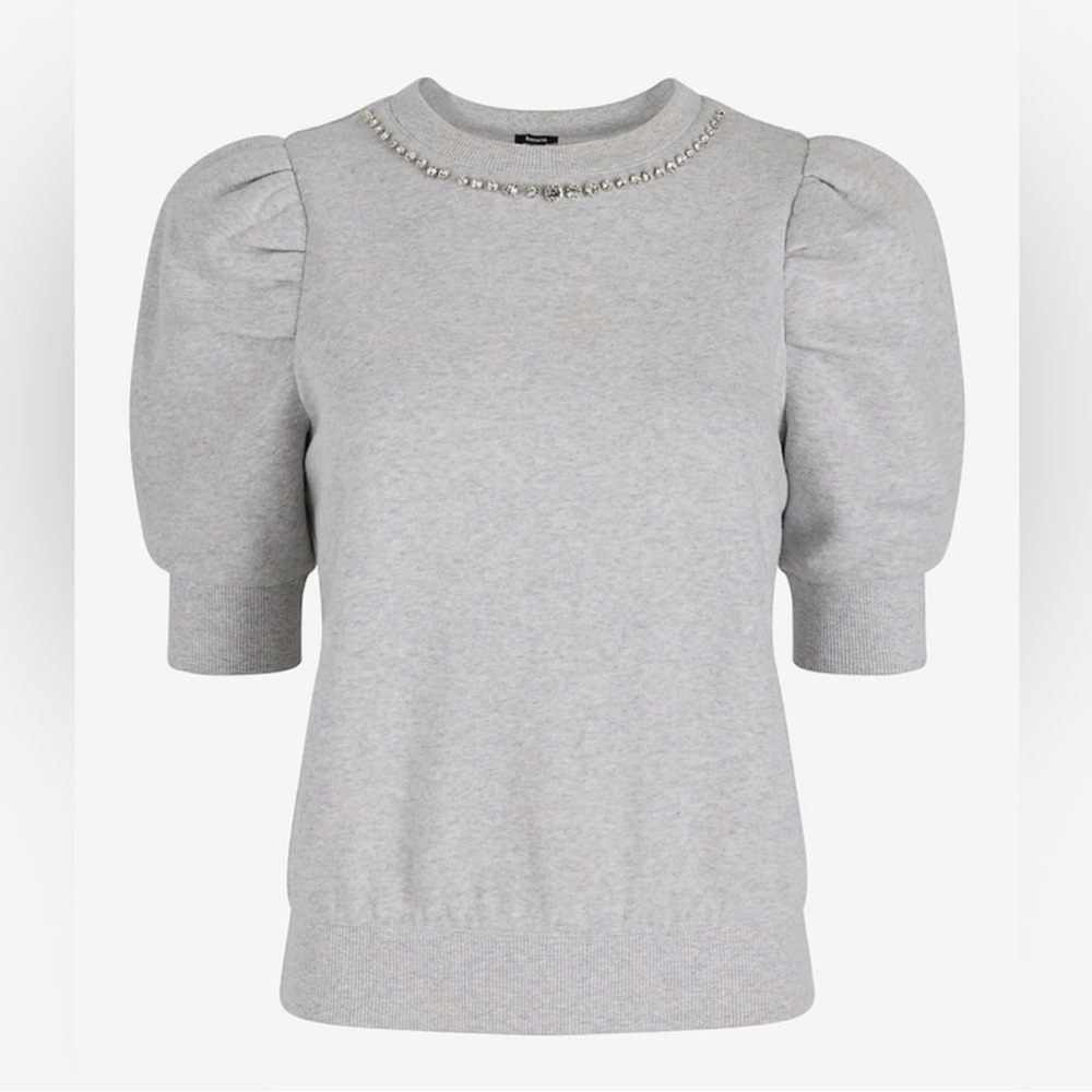 Express Gray Puff Sleeve Short Sleeve Sweatshirt with Embellished Neckline